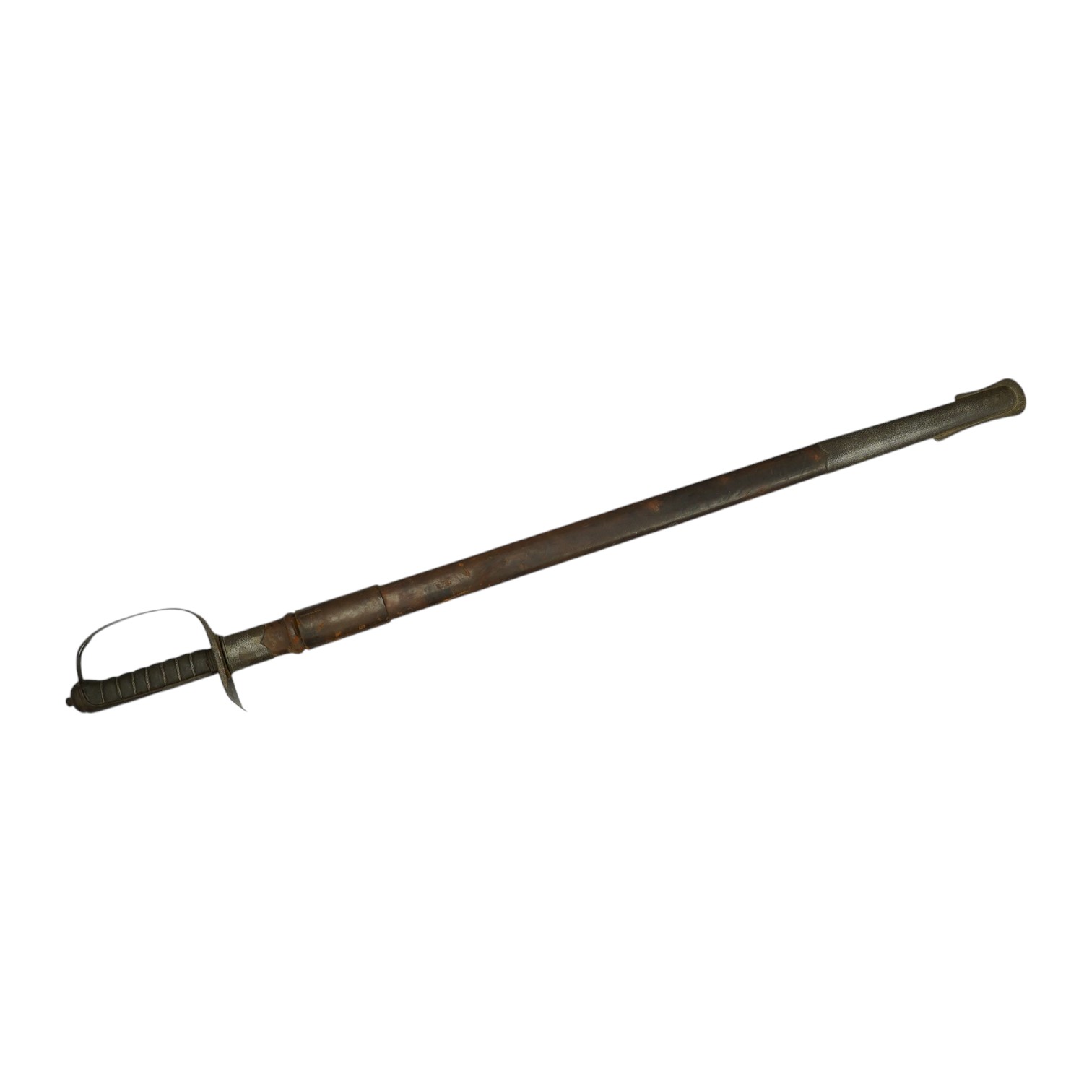 A mid-19th century British infantry sword, by Mole, Birmingham, marked I.S.D., in its leather scabbard with iron chape. Condition - poor, surface rust and knuckle guard significantly cut down.